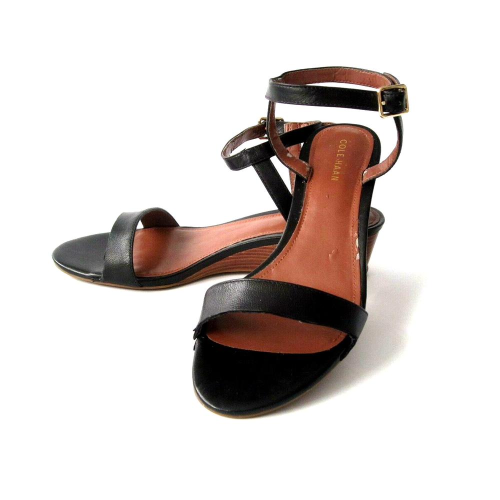 COLE HAAN Womens wedge sandals ankle strap black leather 6B